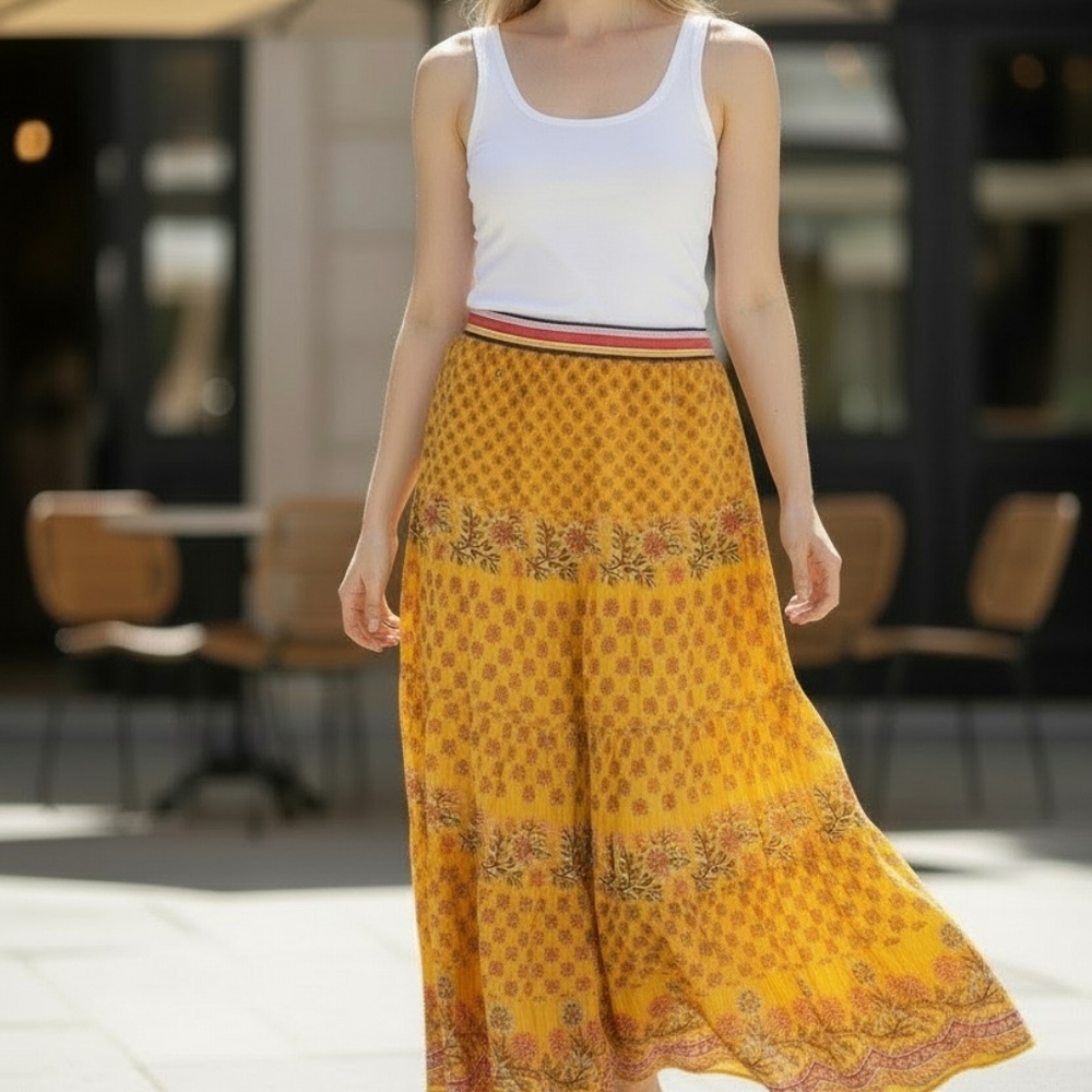 Anthropologie Tanvi Kedia Calinda Maxi Skirt Women 6 Yellow Boho Festival Summer